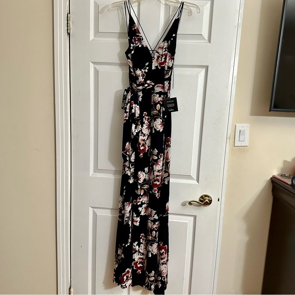 Lulu's Black Floral Maxi Dress with Red and Cream Blooms